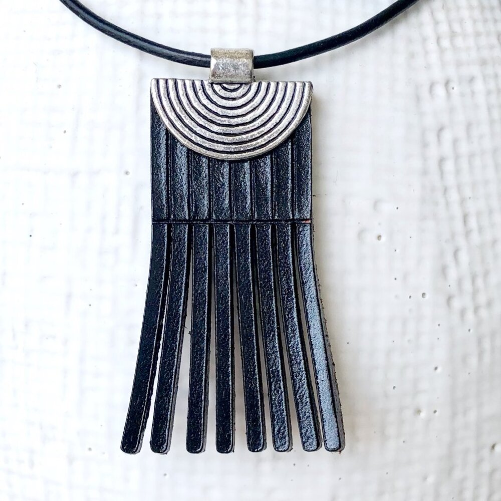 MishaGirl Handmade Minimalist Black Leather Fringe Pendant Necklace